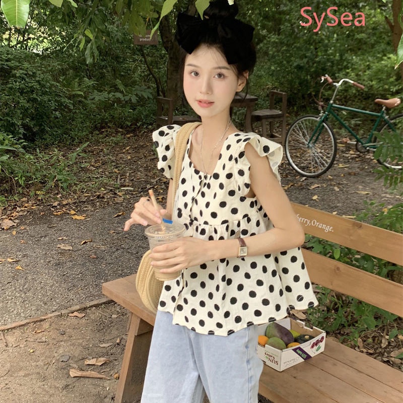 Áo Kiểu Tay Phồng Cổ Vuông Họa Tiết Chấm Bi Phong Cách Pháp