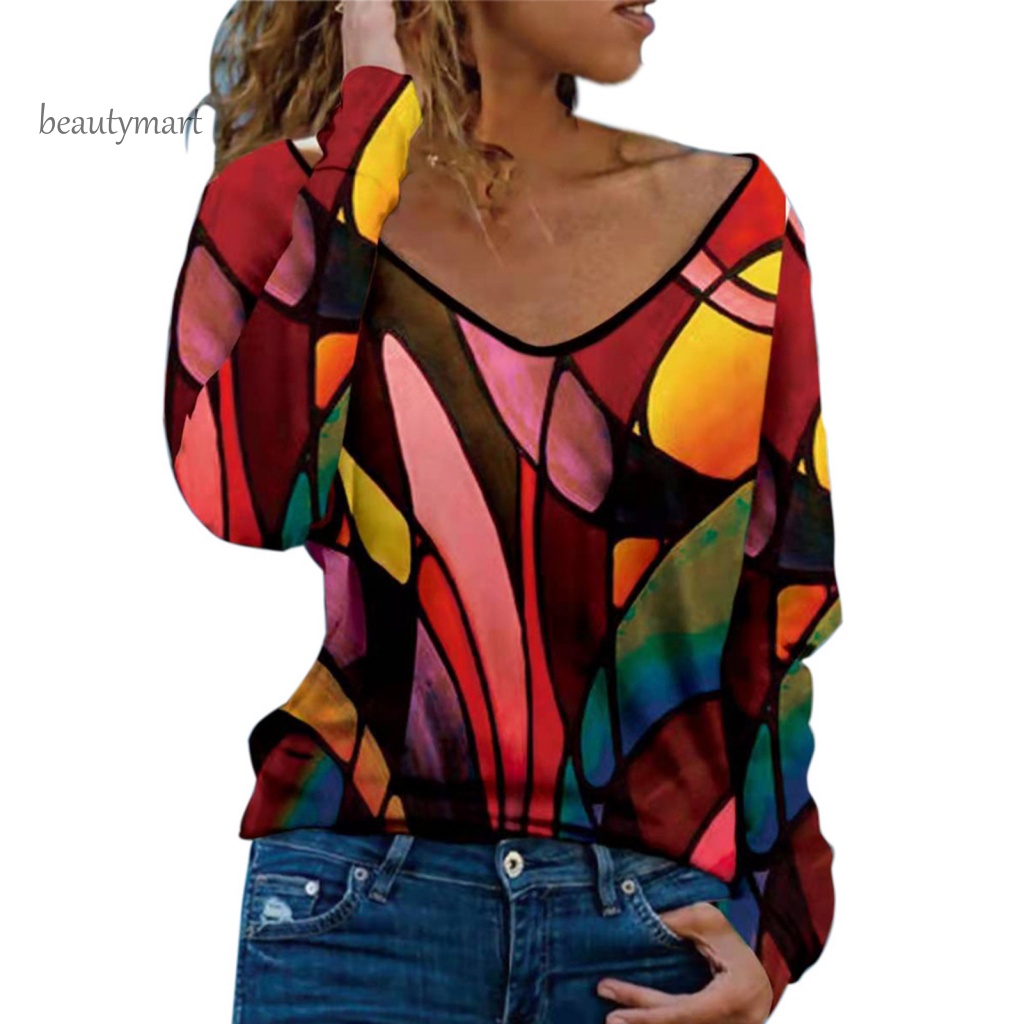 Áo Thun Tay Dài Cổ Chữ V Plus Size In Họa Tiết beautymartm1