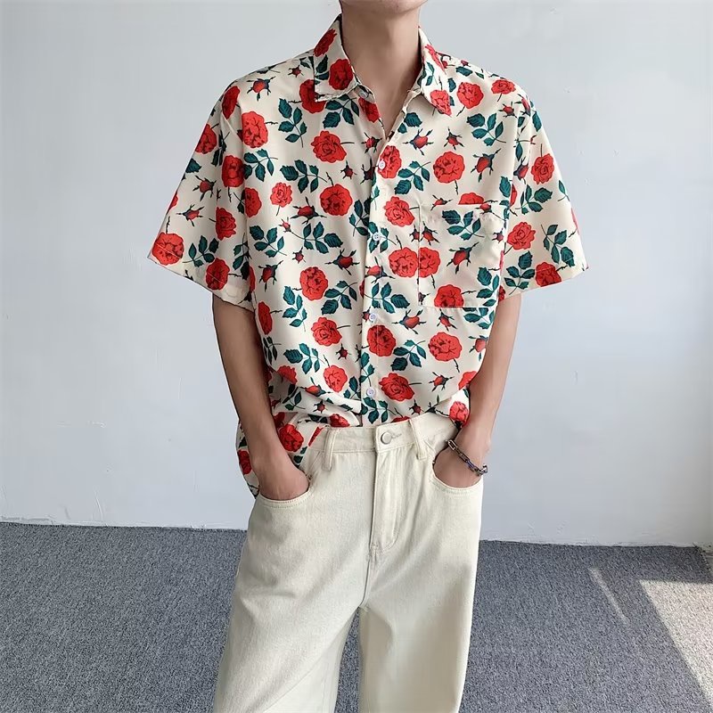 Áo Sơ Mi Ngắn Tay Dáng Rộng In Họa Tiết Hoa Thời Trang Harajuku Nhật Bản Cho Nam