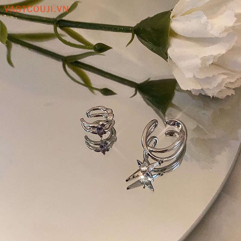 Khuyên Tai Kim Loại Dài Đính Đá Zircon Tím Phong Cách Tối Giản Cho Nam Và Nữ