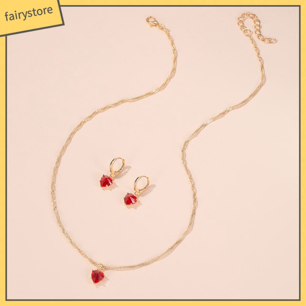 Bộ Vòng cổ + Bông Tai Hình Trái Tim Đính Đá Zircon Lấp Lánh Thời Trang Cho Nữ