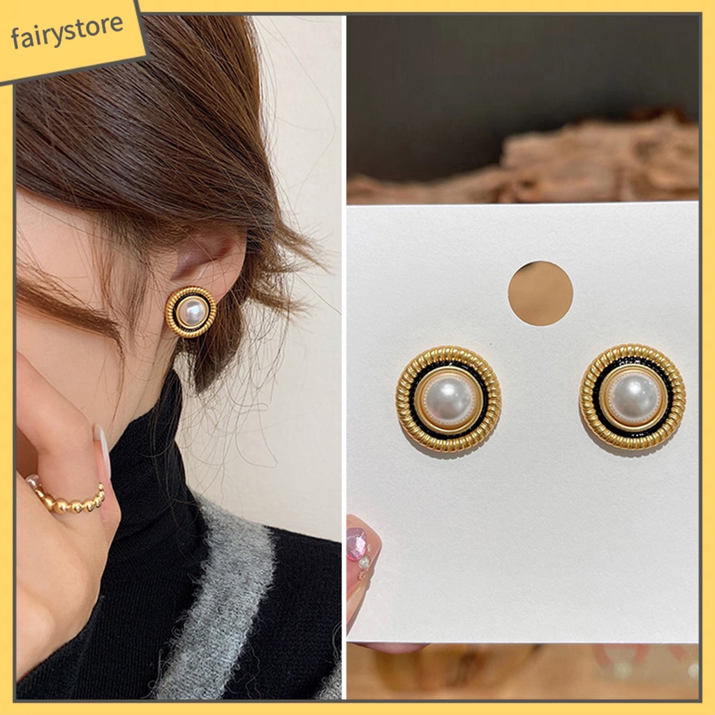 1 Đôi Bông Tai Tròn Đính Ngọc Trai Nhân Tạo Sang Trọng Cho Nữ