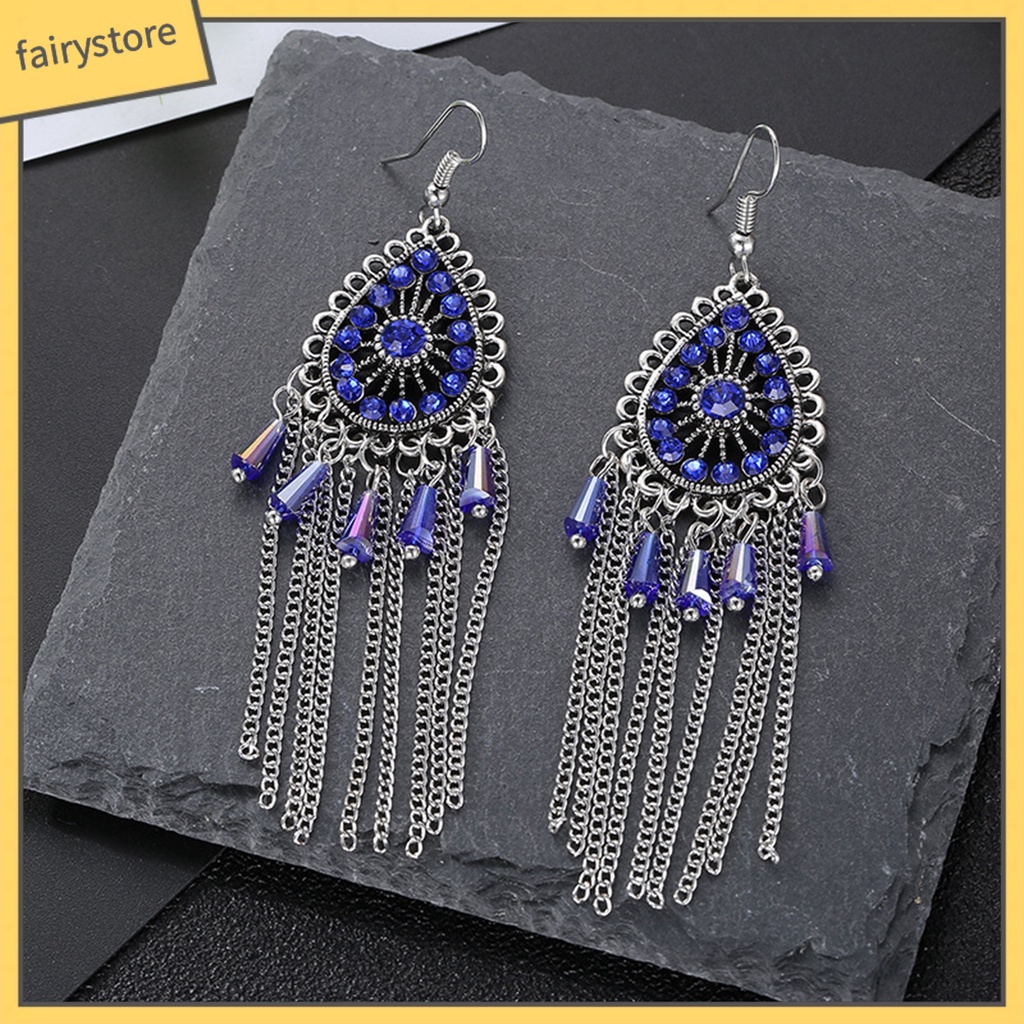 1 Đôi Bông Tai Hình Giọt Nước Đính Đá Phối Tua Rua Phong Cách Vintage