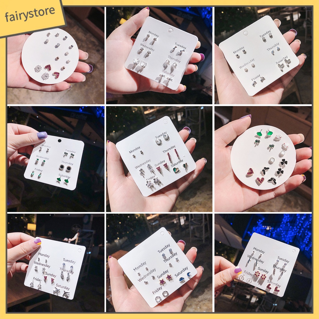 Set 6 / 7 Cặp Bông Tai Trái Tim Đính Đá / Ngọc Trai Giả Thời Trang