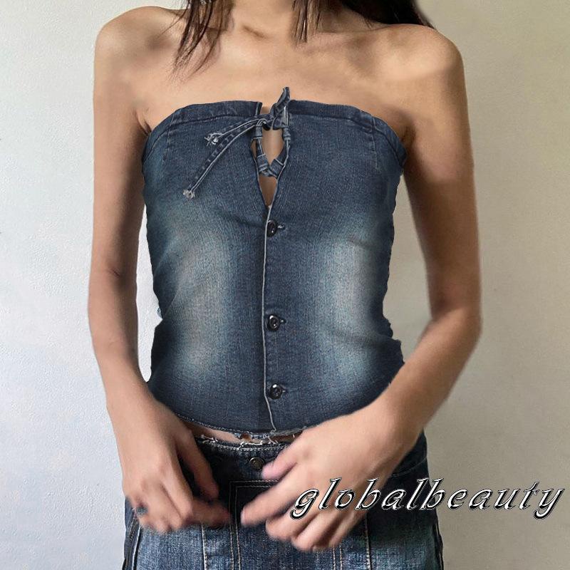 Áo Croptop Trễ Vai Chất Liệu Denim Phối Nút Thời Trang Mùa Hè Phong Cách Vintage Cho Nữ