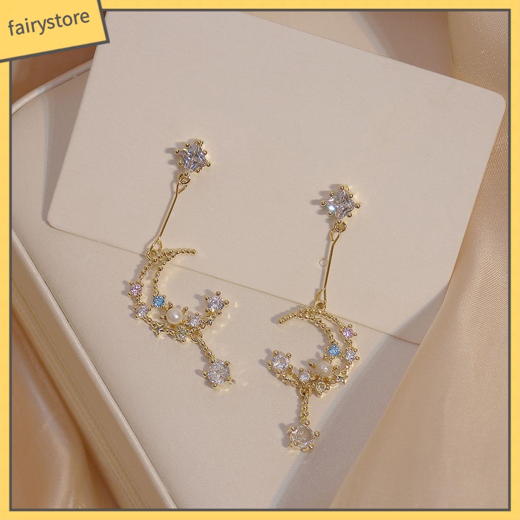 1 Đôi Bông Tai Hình Mặt Trăng Đính Đá Nhiều Màu Thời Trang Dành Cho Nữ