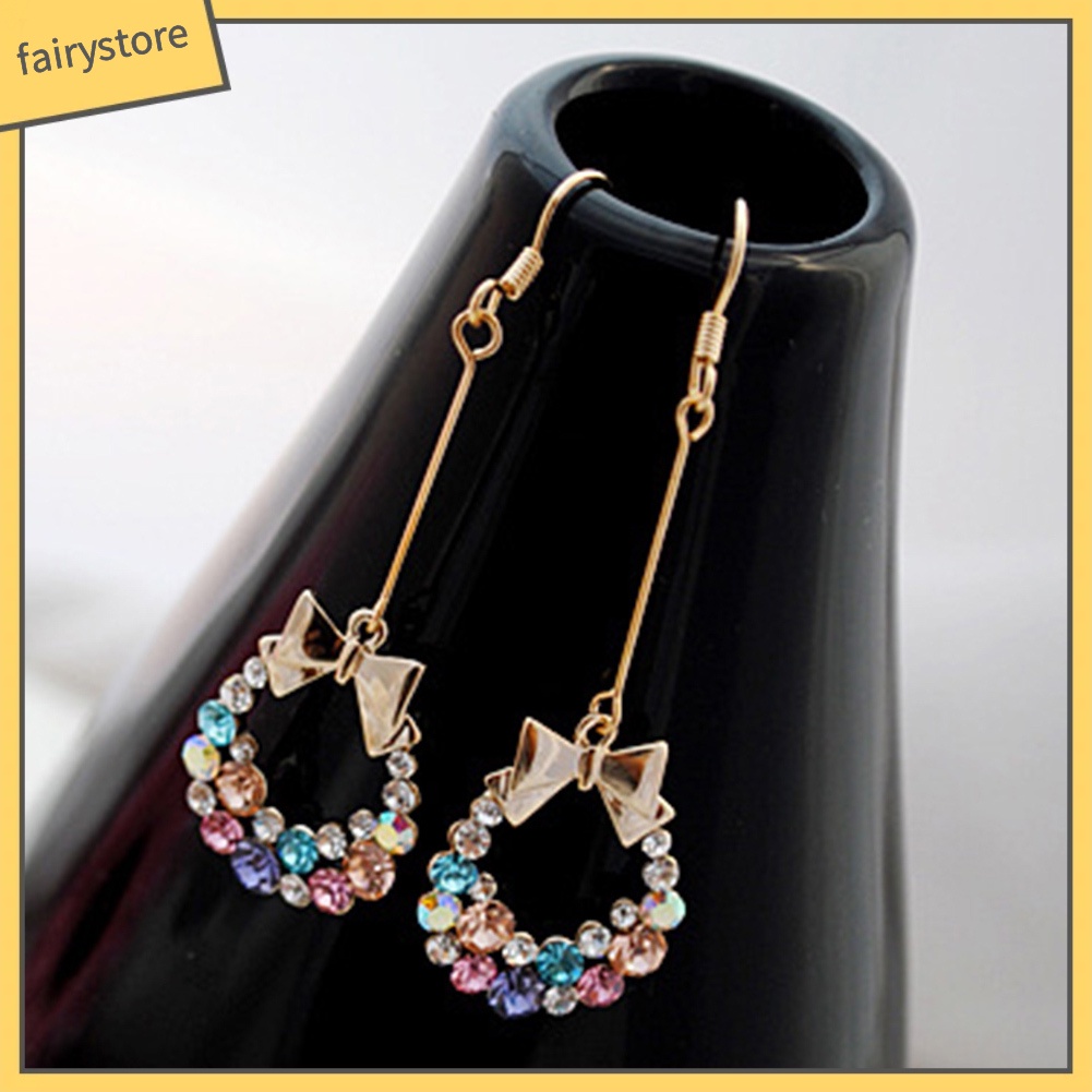 Bông Tai Tua Rua Dáng Dài Hình Nơ Đính Đá Nhiều Màu Sắc