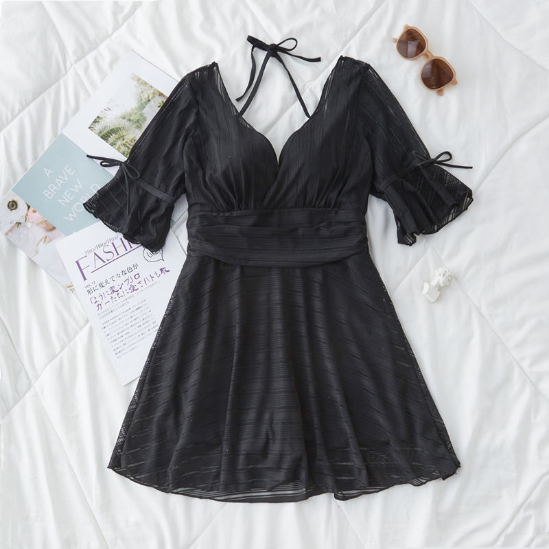 Bikini đi biển đồ bơi nữ liền thân 2 chi tiết kèm áo voan tay dài chống nắng thắt nơ eo độc đáo hàng Quảng Châu AA7515