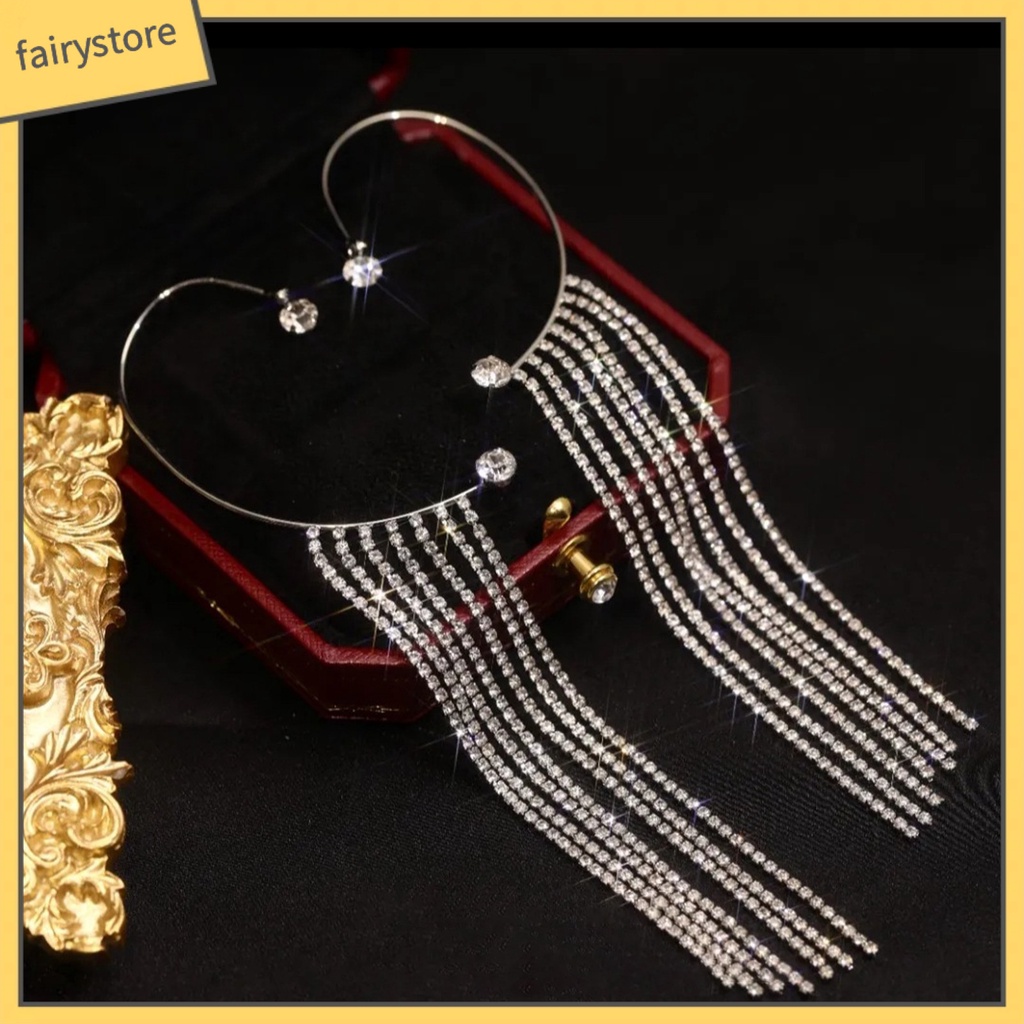 1 Khuyên Kẹp Vành Tai Đính Đá Phối Tua Rua Đơn Giản Thời Trang Đám Cưới