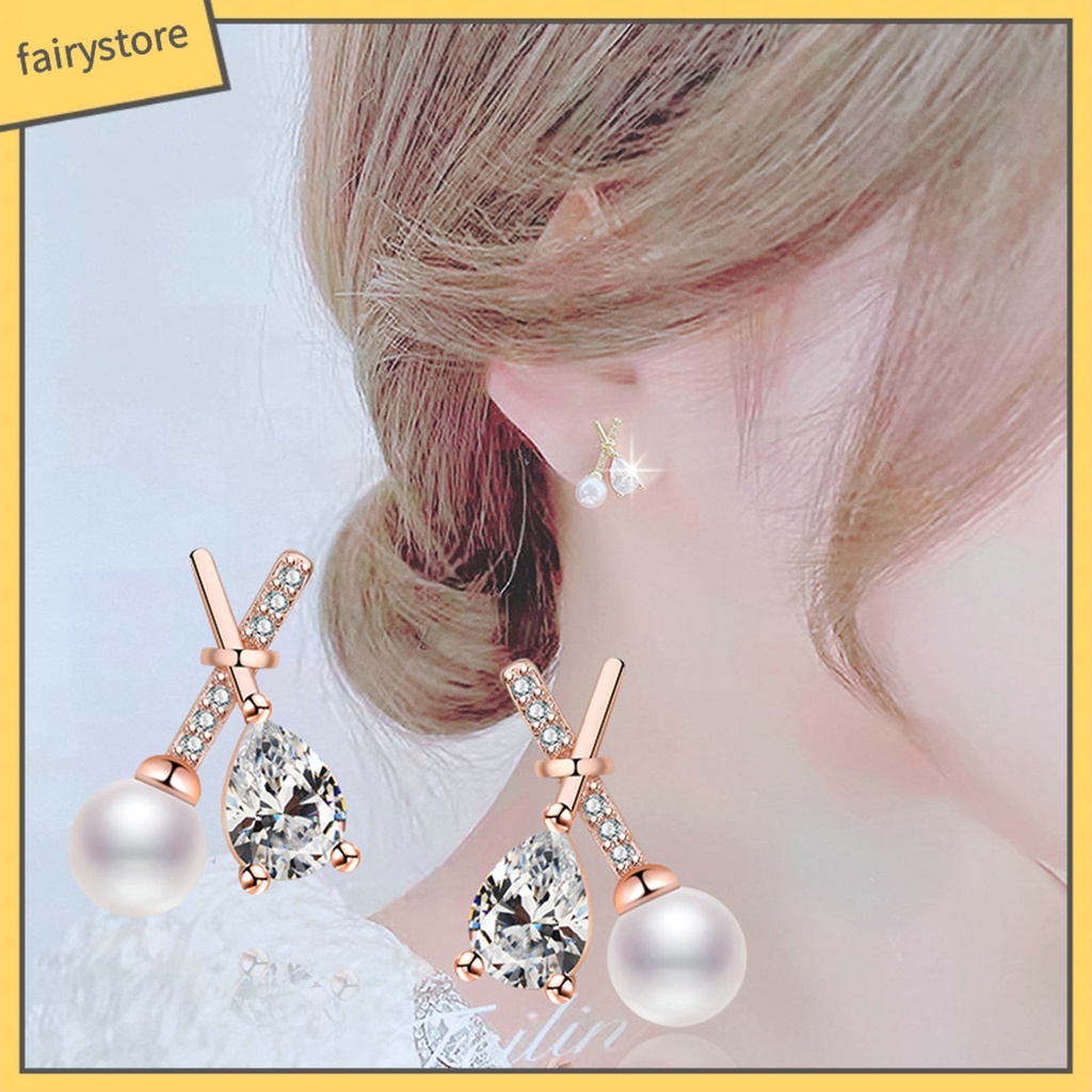 1 Đôi Bông Tai Chữ X Đính Đá Zircon Ngọc Trai Giả Lấp Lánh Phong Cách Pháp