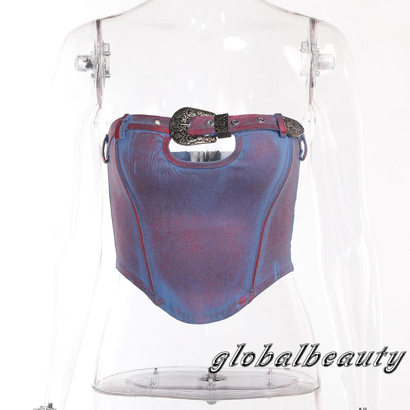 Áo Ống Mùa Hè Không Dây Hở Lưng Có Khóa Cài Màu Sắc Tương Phản Cho Nữ