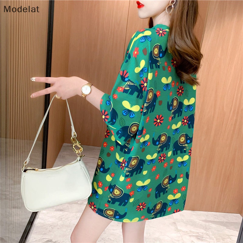 Áo Thun T-shirt Cotton Cổ Tròn Tay Ngắn In Hình Voi Mùa Hè Cho Nữ