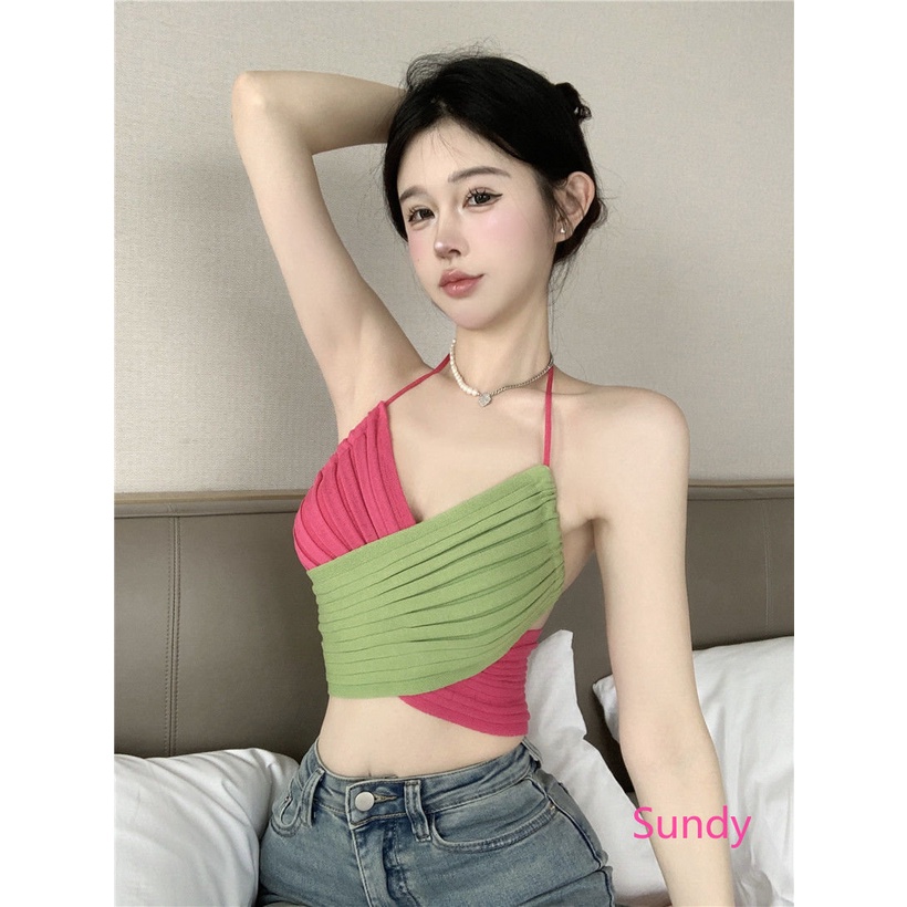 Áo Dây Dệt Kim Phối Ren Phong Cách Dopamine Gợi Cảm Mùa Hè Cho Nữ