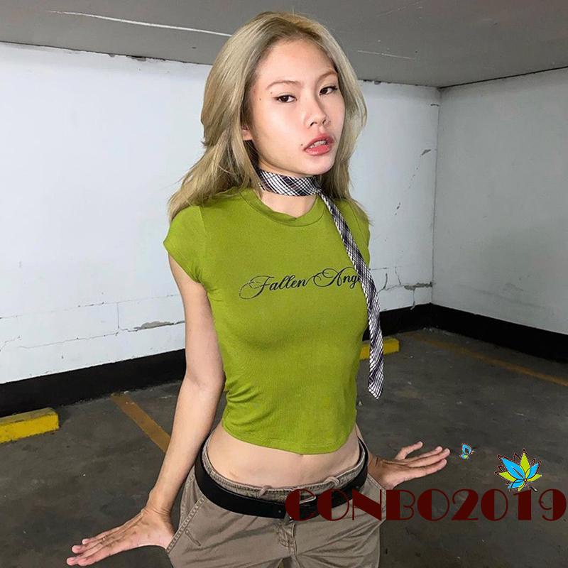 Áo Thun Crop Top Tay Ngắn Cổ Tròn In Chữ Phong Cách Đường Phố Cho Nữ