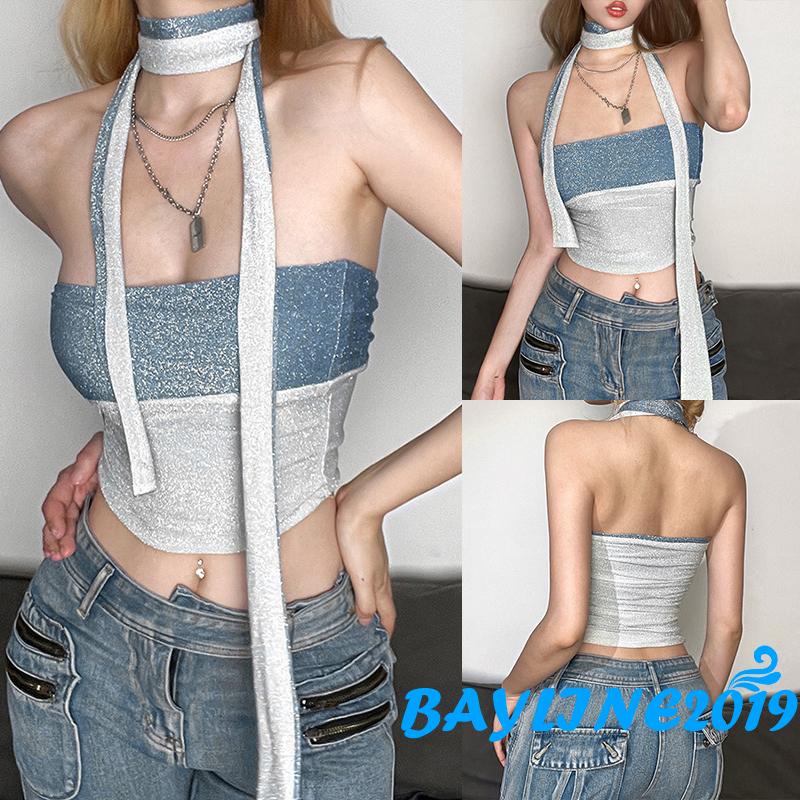 Set Áo Croptop 2 Dây + Khăn Choàng Cổ Hở Lưng Màu Sắc Tương Phản Sáng Bóng Thời Trang Mùa Hè Dành Cho Nữ