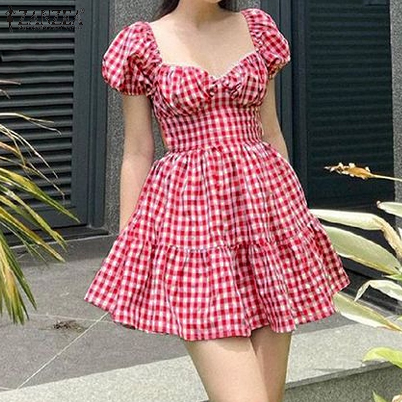 Zanzea Đầm Tay Phồng Cổ Vuông Họa Tiết Sọc Caro Phong Cách Hàn Quốc Thời Trang Cho Nữ