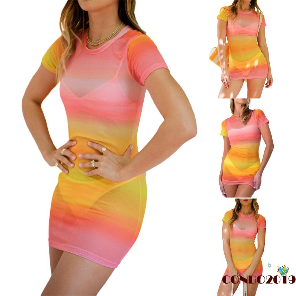 Đầm Tay Ngắn Cổ Tròn Phối Lưới Màu Sắc Gradient Thời Trang Mùa Hè Cho Nữ