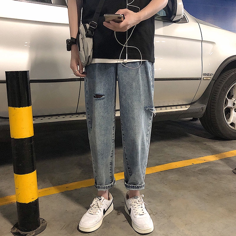 Quần Jean Dài Dáng Rộng Rách Gối Phong Cách Đường Phố Thời Trang Xuân Hè Cho Nam