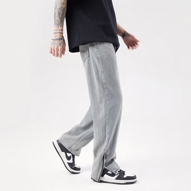 Quần Jean Dài Dáng Rộng Chất Lụa Lạnh Nhuộm Màu Vàng Bùn Phong Cách Đường Phố Mỹ Mùa Hè Cho Nam