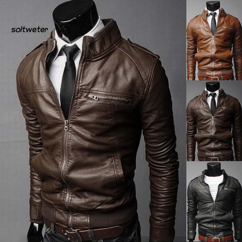 Áo Khoác Giả Da Màu Trơn Khóa Kéo Cổ Đứng Thời Trang Cho Nam