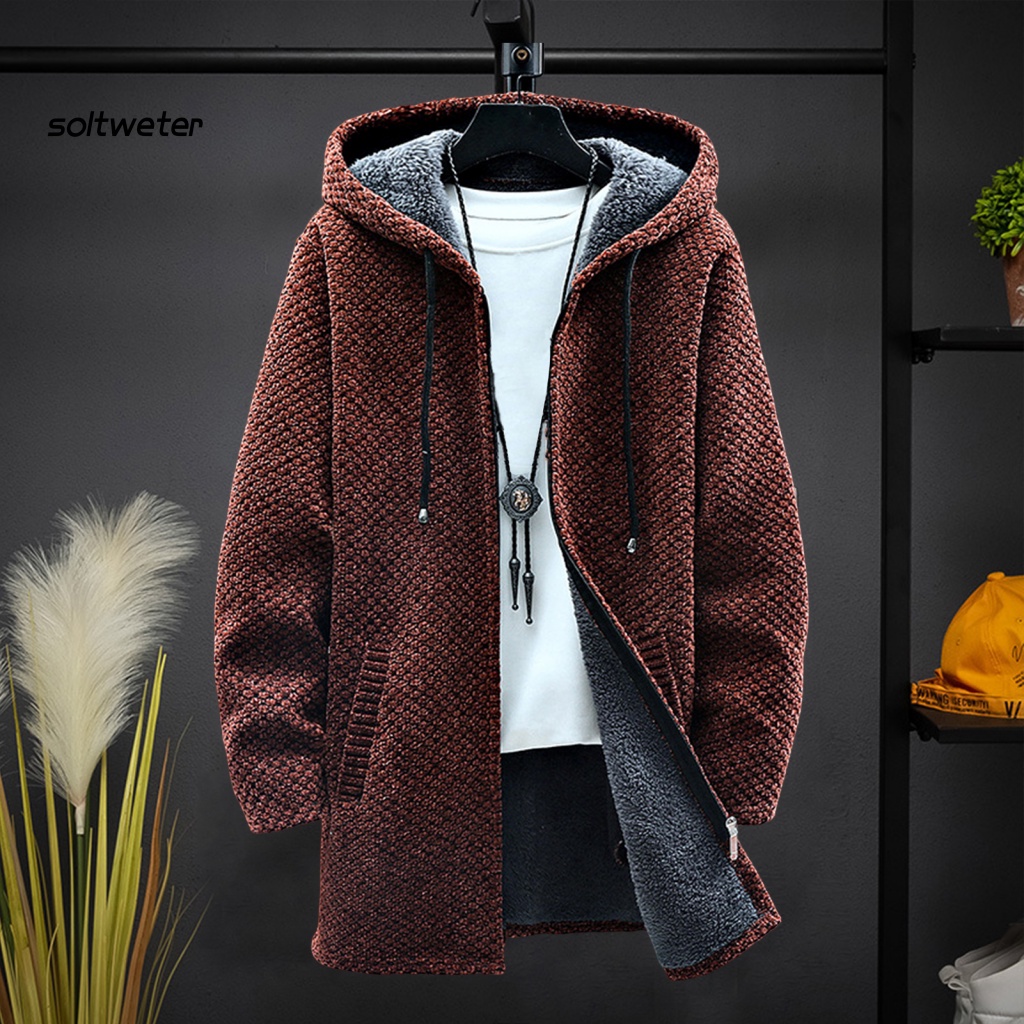 Áo Khoác Sweater Dệt Kim Tay Dài Có Mũ Trùm Vải Lông Dày Dặn Phối Dây Rút Thời Trang Thu Đông Đường Phố