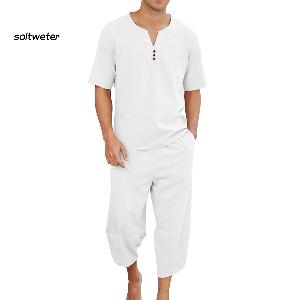 Set Đồ Mùa Hè 2 Món Gồm Áo Thun Cổ Chữ V Lưng Thun + Quần Dài Màu Trơn Cho Nam