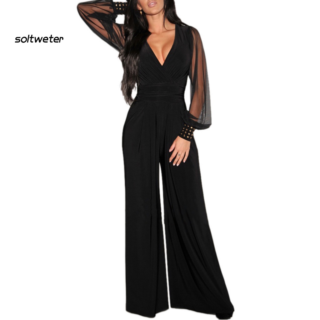 Áo liền quần Cổ Chữ V Phối Lưới Đính Đinh Tán Quyến Rũ Thời Trang Cho Nữ