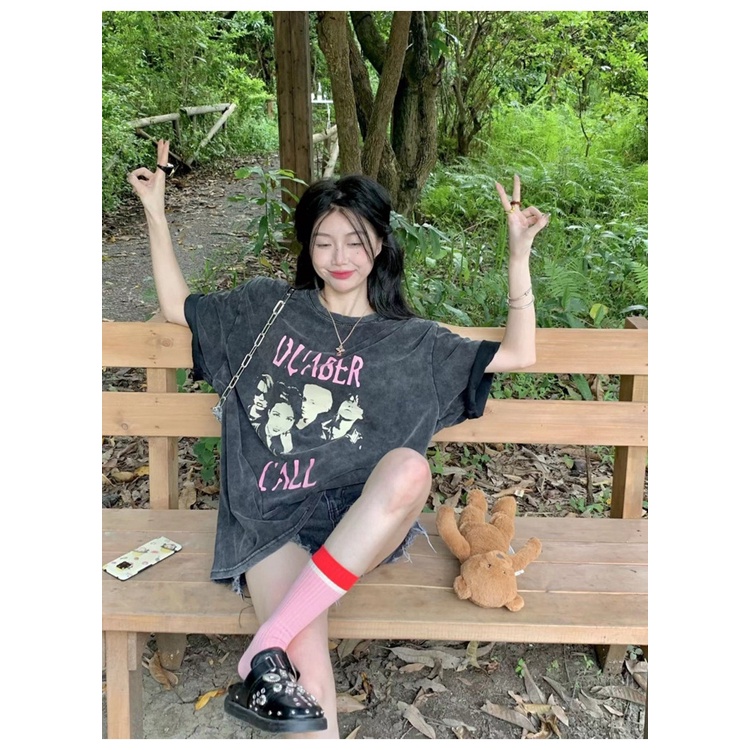 Áo Thun Ngắn Tay Dáng Rộng In Họa Tiết Phong Cách Retro