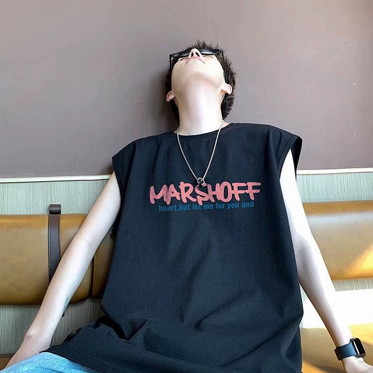 Áo thun nam màu hồng 100% cotton không tay form rộng in tranh sơn dầu mùa hè hFtt