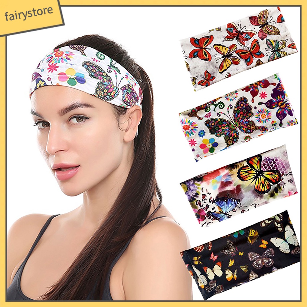 Băng Đô Cài Tóc Bản Rộng Co Giãn In Họa Tiết Bướm Phong Cách Thể Thao Thời Trang Cho Nữ