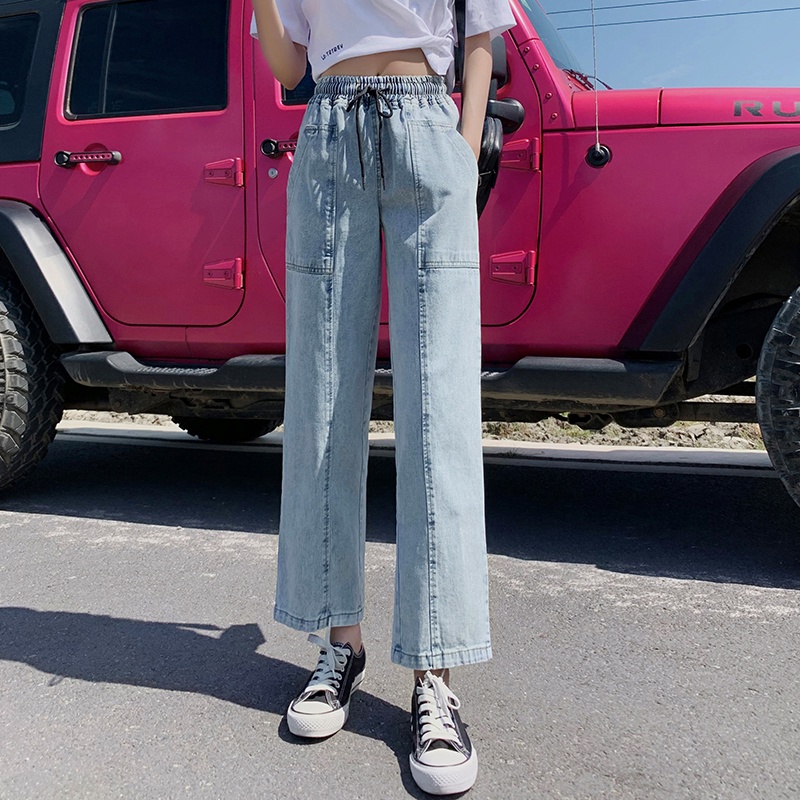 Hàng Mới Về Quần Jeans Denim Cotton Lưng Thun Ống Suông Dây Rút Dành Cho Nữ Plus Size S-5xl 2023