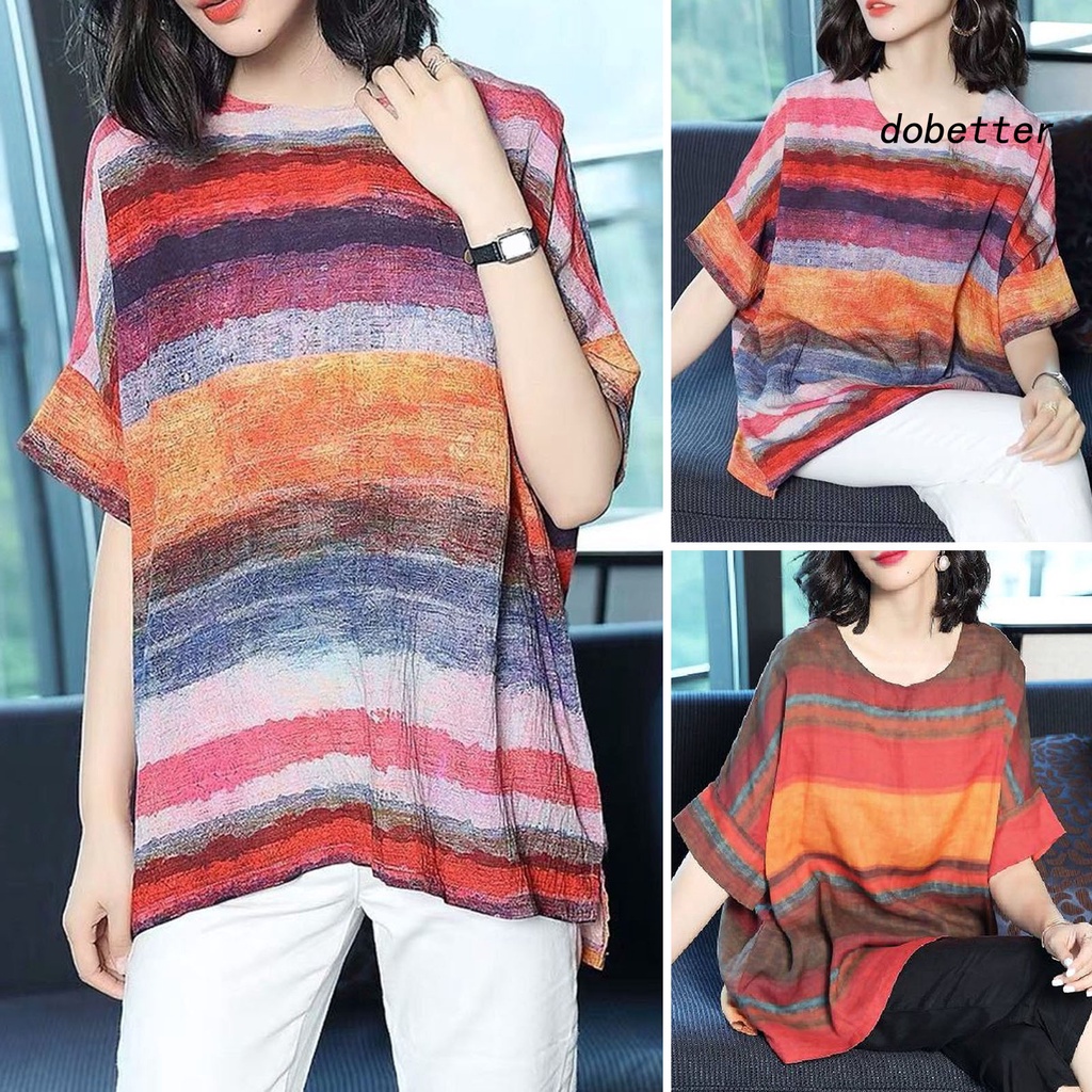 Áo Thun Tay Ngắn Cổ Tròn Dáng Rộng Họa Tiết Kẻ Sọc Màu Khối Thời Trang Mùa Hè Xinh Xắn Cho Nữ