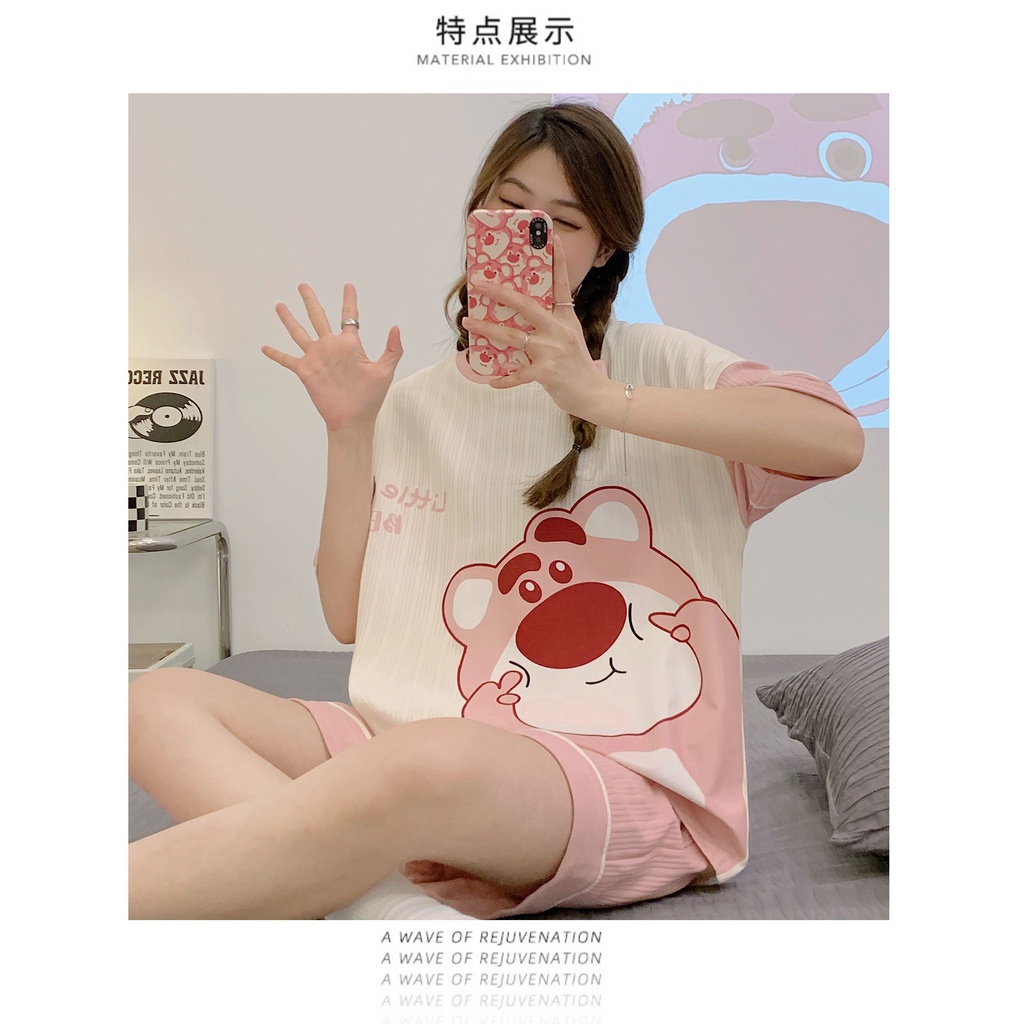 Bộ Đồ Ngủ Cotton Cổ Tròn Tay Ngắn Họa Tiết Hoạt Hình Thời Trang Mùa Hè 6535