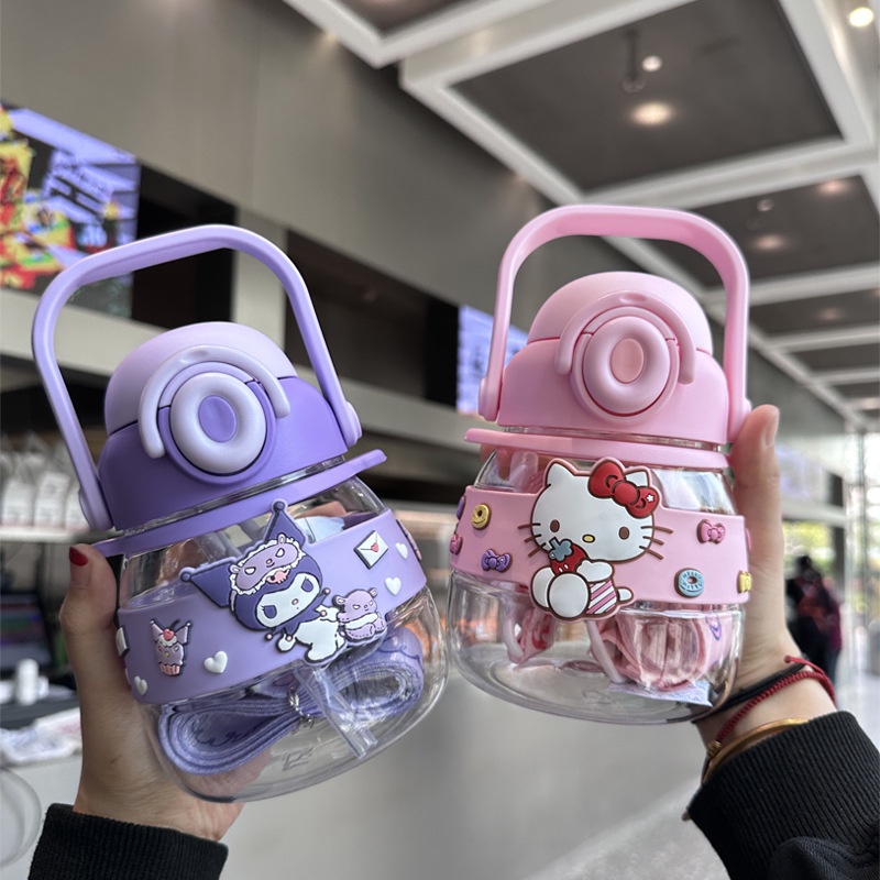 Sanrio 3D Hello Kitty nồi bụng chai nước mùa hè cô gái trái tim 750ml chống mùa thu kuromi rơm chai nước di động cho thể thao ngoài trời-rosser2