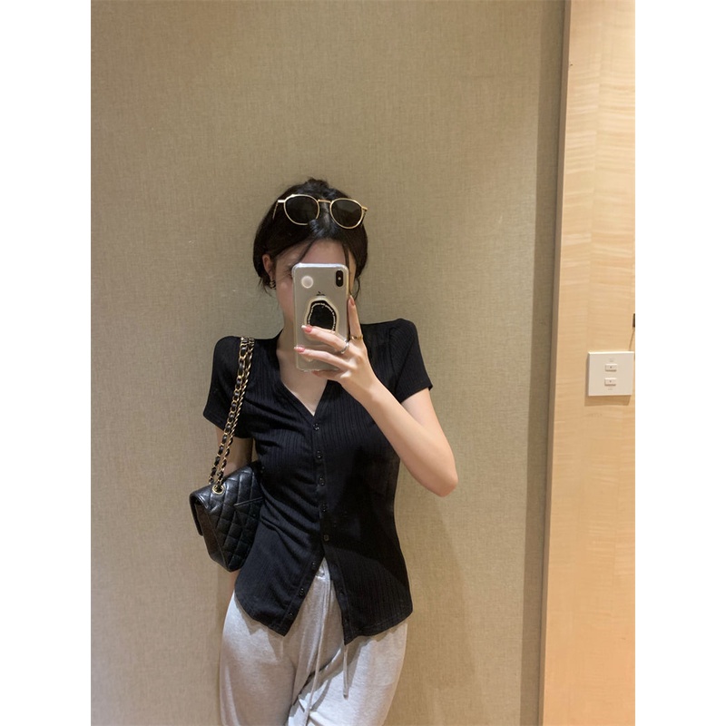 Áo Thun Ngắn Tay Cổ Chữ V Màu Sắc Đơn Giản Thời Trang Mùa Hè Cho Nữ