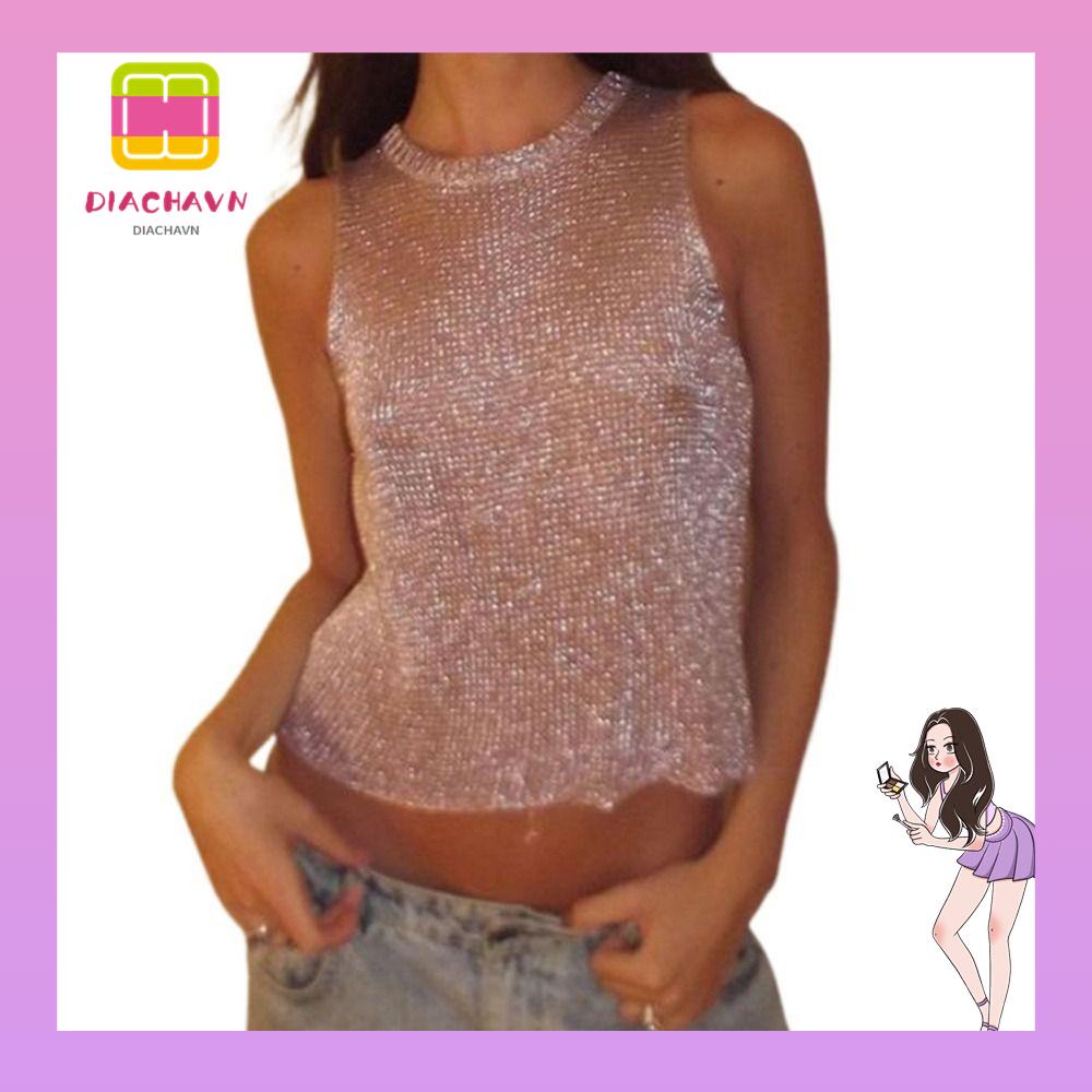 Áo Bơi Crop Top Không Tay Y2K Đính Kim Tuyến Lấp Lánh Thời Trang Cho Nữ
