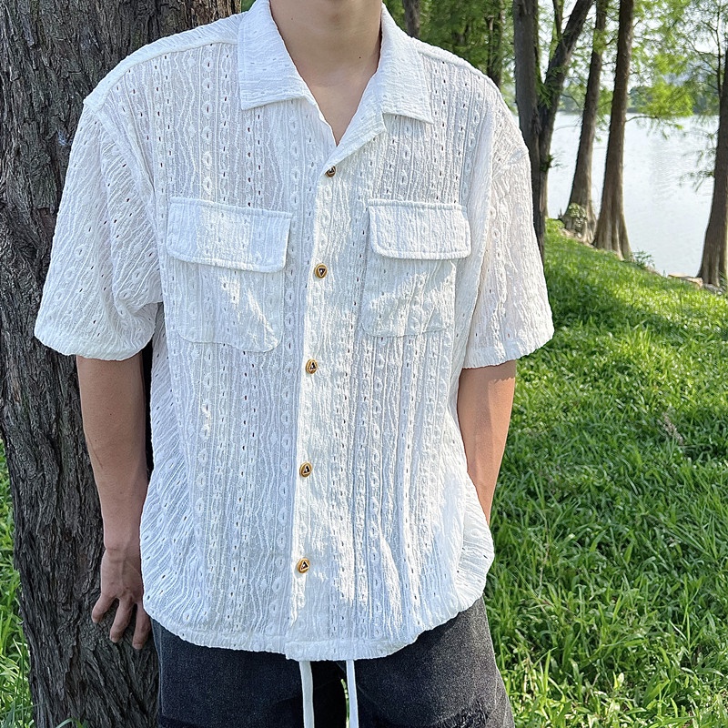Áo Sơ Mi Ngắn Tay Màu Sắc Đơn Giản Phong Cách Harajuku Nhật Bản Cho Nam