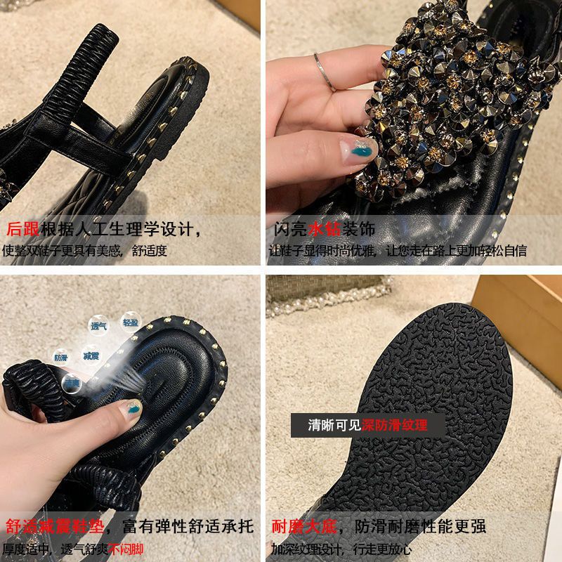 Giày Sandals Đế Bằng Đính Đá Trang Trí Sành Điệu Hợp Thời Trang Cho Nữ