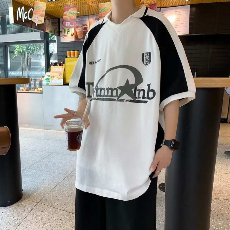 Áo Thun polo Tay Ngắn Dáng Rộng Màu Sắc Tương Phản Phong Cách Retro Mỹ Thời Trang Mùa Hè Cho Nam