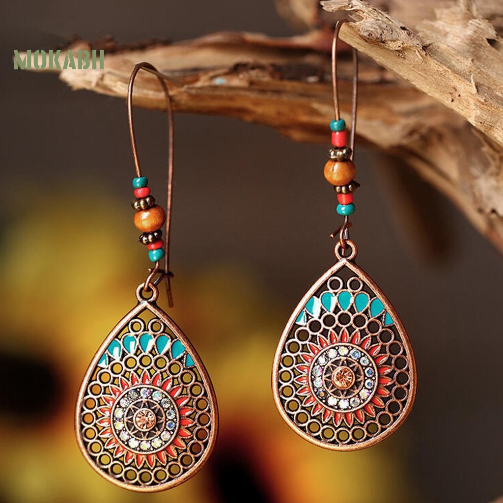 1 Đôi Bông Tai Hình Giọt Nước Họa Tiết Hoa Phong Cách Bohemia Cổ Điển