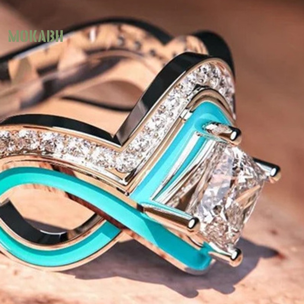 [Mok Abh] Nhẫn Hai Lớp Đính Đá Ngọc Lam Nhân Tạo Hình Sóng Biển Phong Cách Vintage Cho Nữ