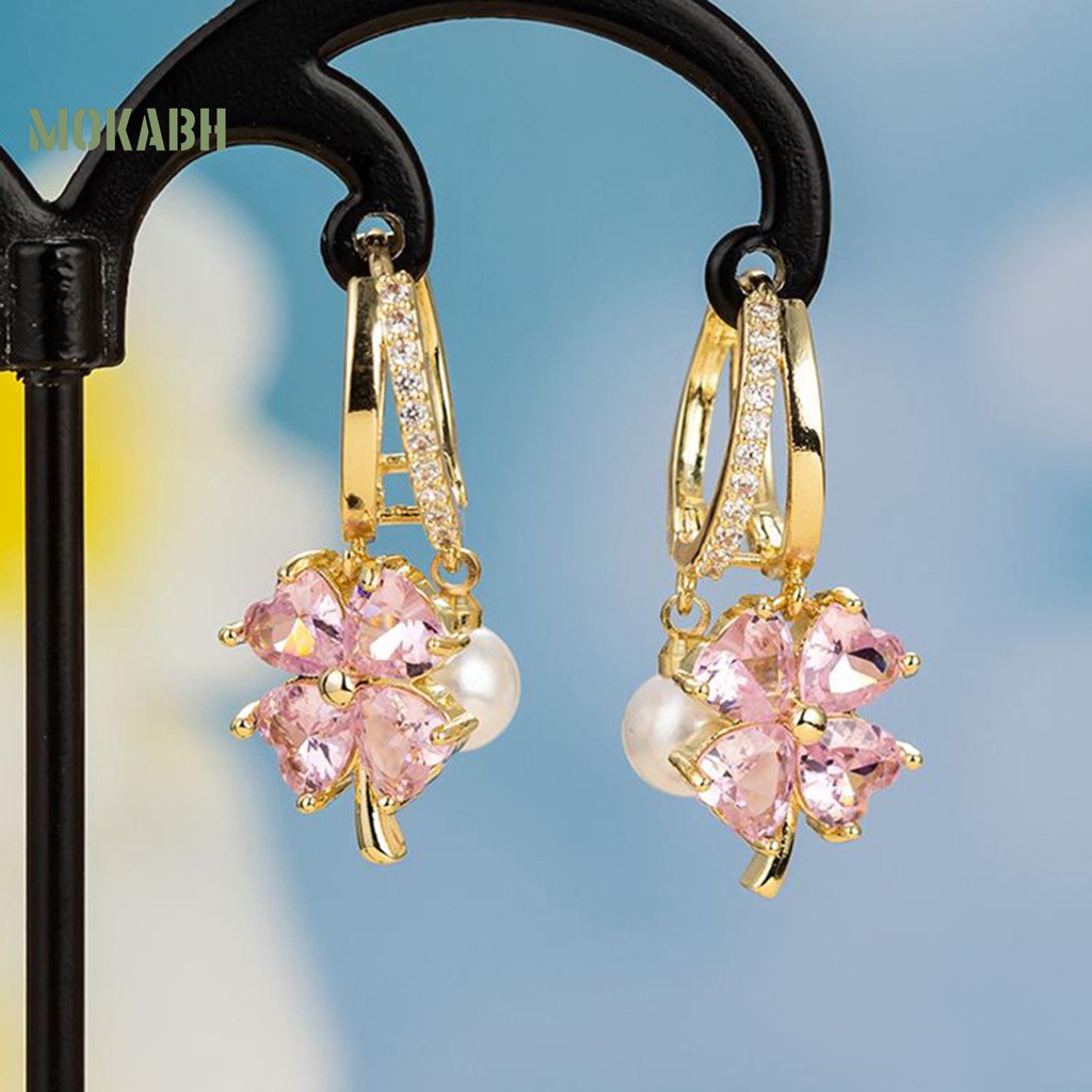 [Mokabh] 1 Đôi Bông Tai Hình Cỏ Bốn Lá Mạ Điện Bóng Cao Trang Trí Quyến Rũ Không Gây Dị Ứng