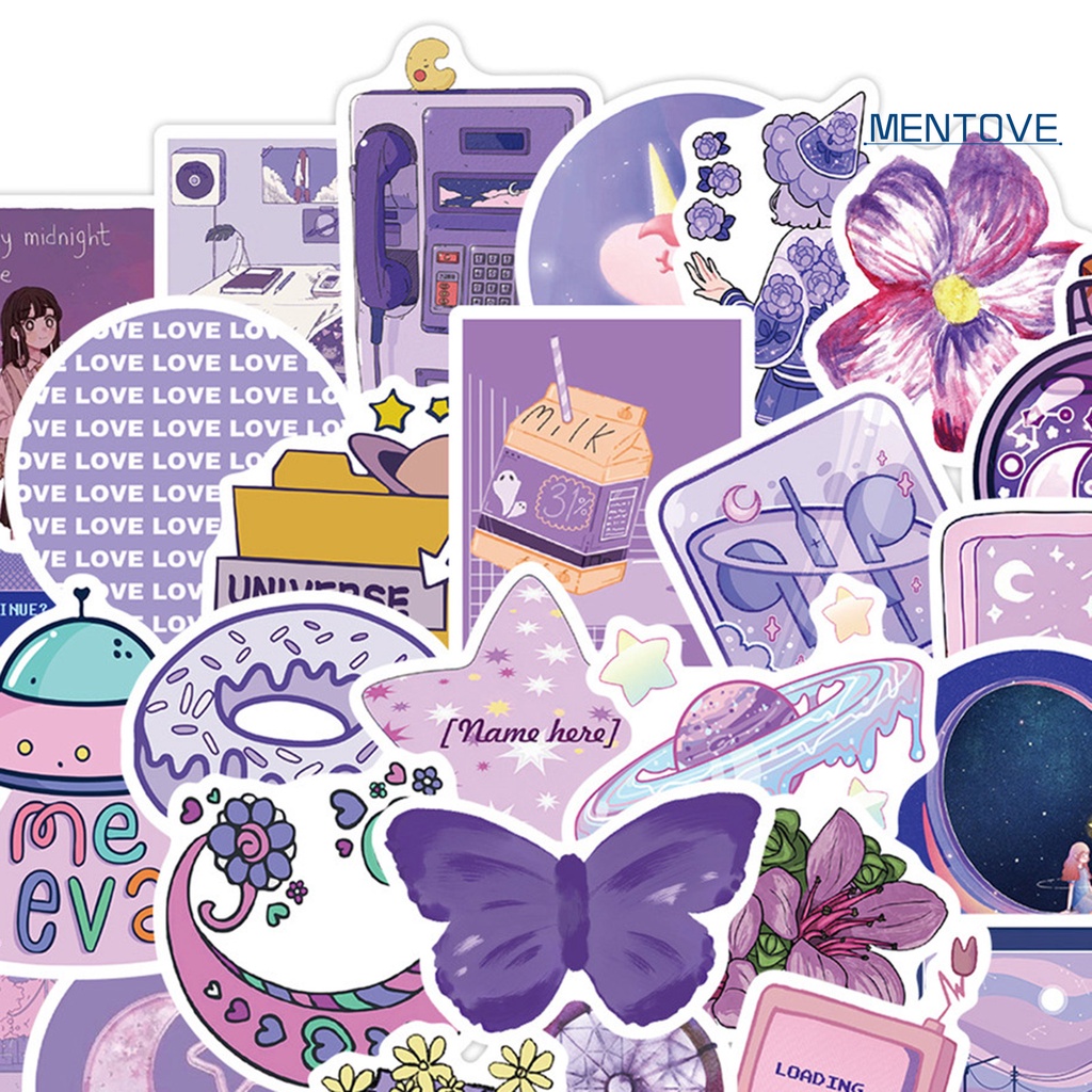 Set 50 Nhãn Dán Hoạt Hình Màu Tím Lãng Mạn Chống Thấm Nước Trang Trí Vali / Laptop / Chai Nước / Tiệc Tùng DIY