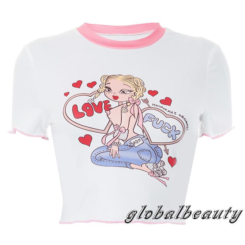 Áo Thun Crop Top Tay Ngắn In Họa Tiết Hoạt Hình Xinh Xắn Thời Trang Mùa Hè Cho Nữ