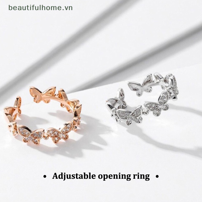 [beautifulhome] Nhẫn Họa Tiết Bướm / Hình Học Đính Đá Zircon Sáng Bóng Có Thể Điều Chỉnh Kích Thước Thời Trang Cho Nữ [beauty]