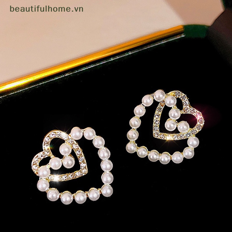 Bông Tai Hình Trái Tim Đính Ngọc Trai Giả Xinh Xắn