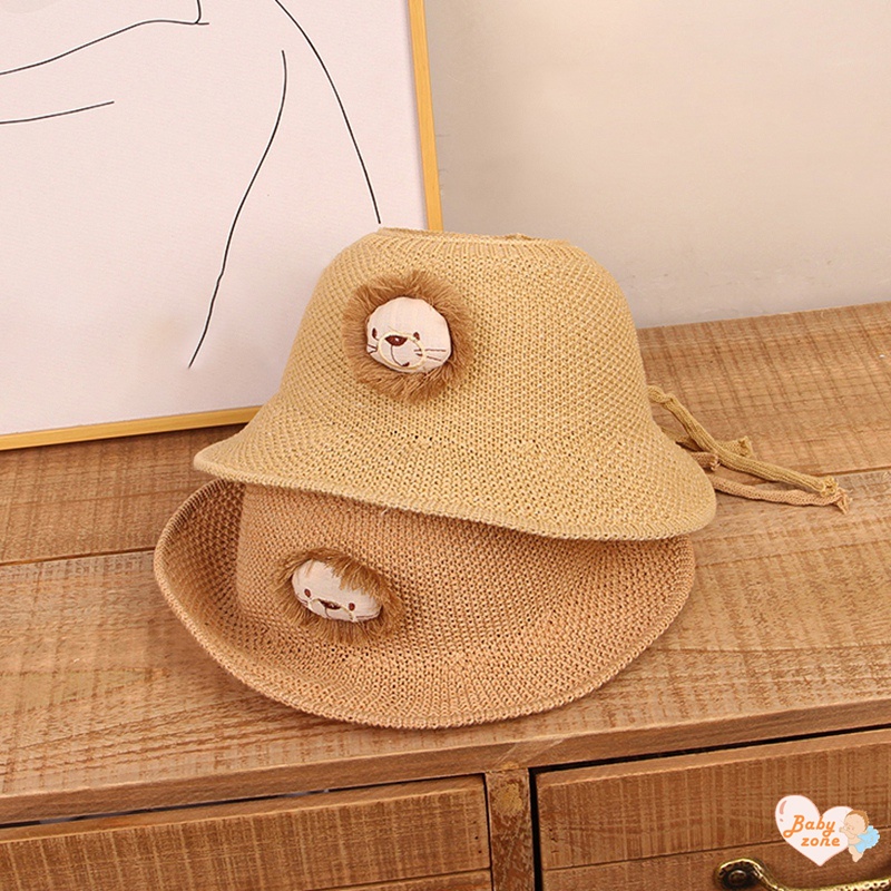 Khung Thành Cho Bé Chất Lượng Cao❤Mũ Cói Hở Chóp Thêu Hình Sư Tử Hoạt Hình Phong Cách Hàn Quốc Cho Nữ