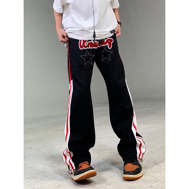 Quần Dài Ống Rộng Màu Đỏ Đen Phong Cách Retro Mỹ 2023 Cho Nam