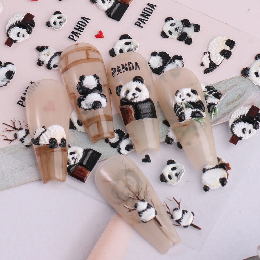 Miếng Dán Trang Trí Móng Tay Họa Tiết Gấu Trúc Hoạt Hình 5D Dễ Thương