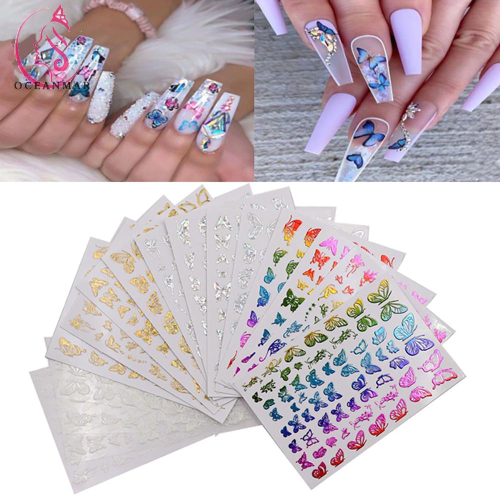 Miếng Dán Móng Tay Tự Dính Bằng Acrylic Màu Laser Hình Bướm Lấp Lánh